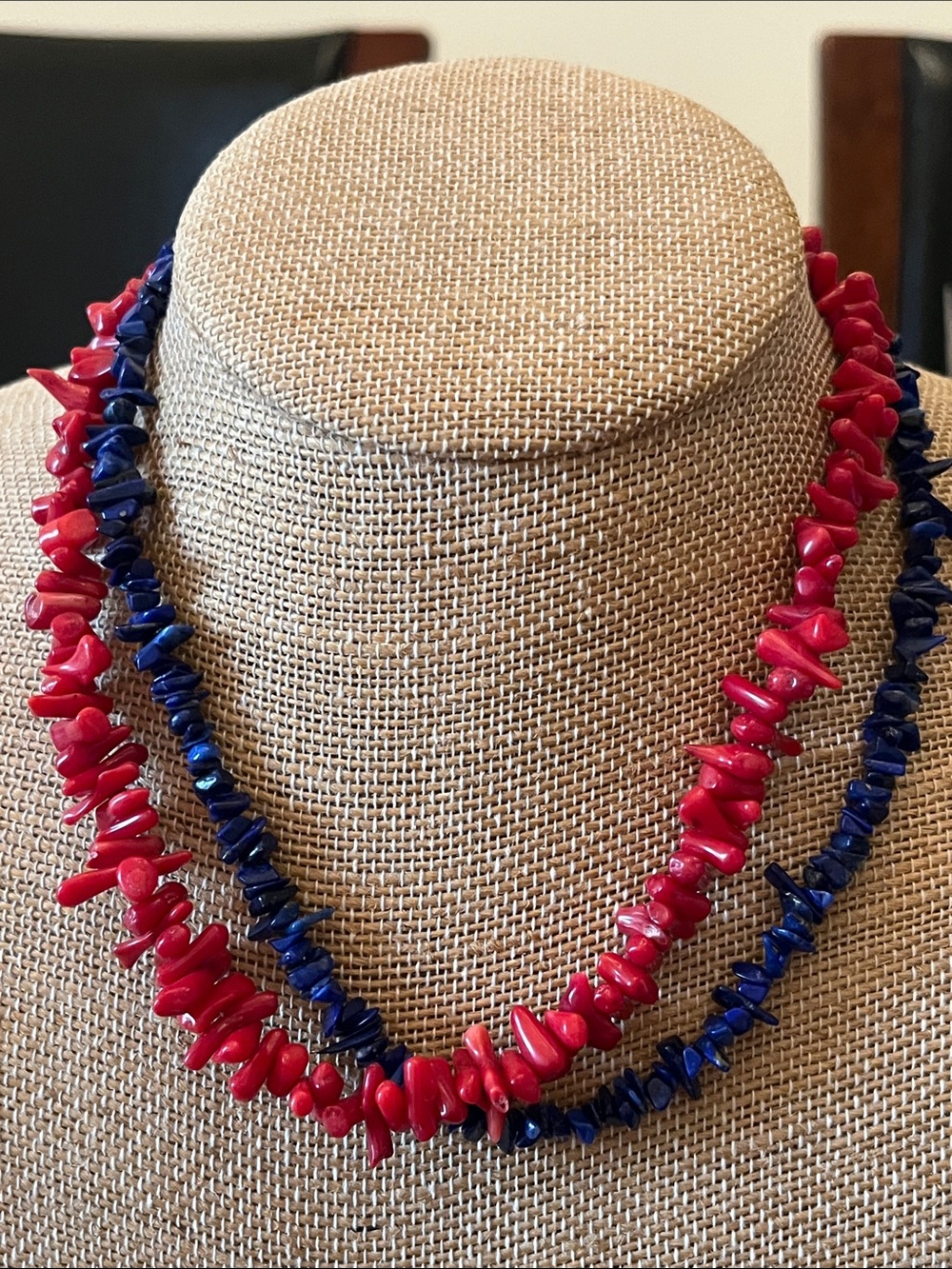 Coral and lapis double strand .925 Toggle Necklace